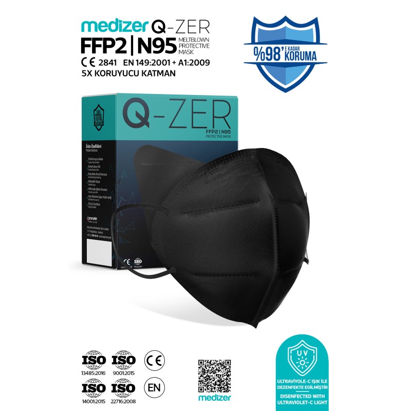 Qzer Siyah FFP2 Korumalı N95 Maske 30 Adet