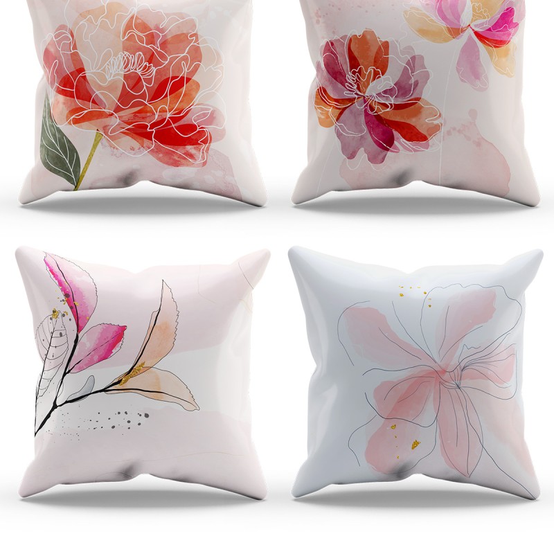 Mouds Çift Tarafı Baskılı Flower Art Desenli 4'lü Kombin Süet Kırlent Kılıfı