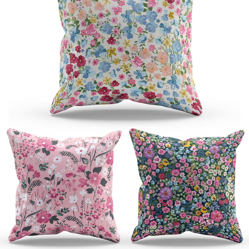 Mouds Çift Tarafı Baskılı Pastel Flower Desenli 3'lü Kombin Süet Kırlent Kılıfı