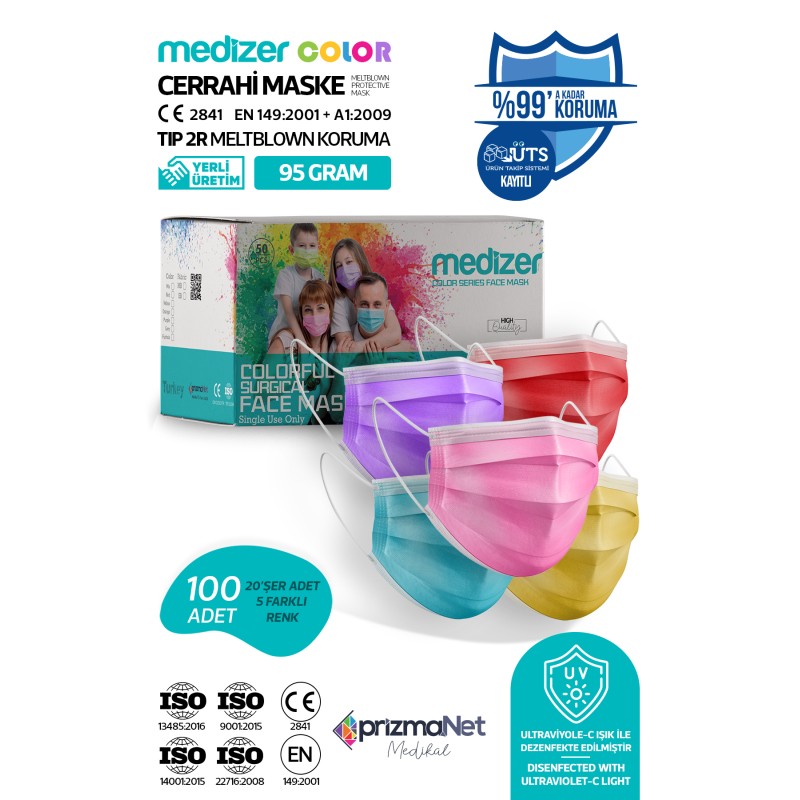 Medizer Meltblown Cerrahi Maske Color Serisi - 100 Adet 