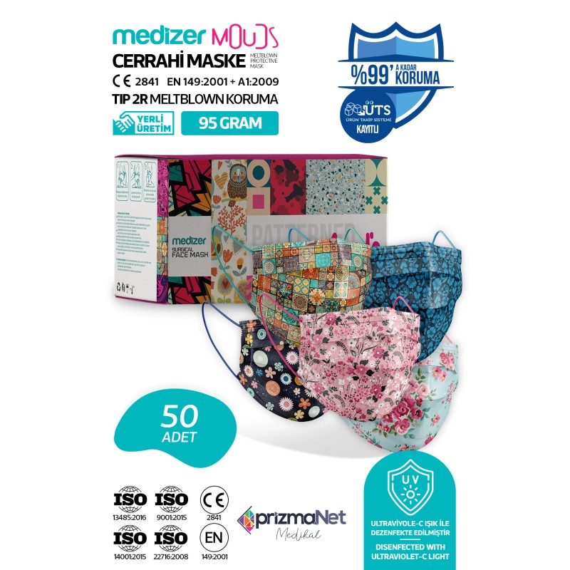 Medizer Meltblown Mouds Serisi 3 Cerrahi Maske 5 Desen - 50 Adet