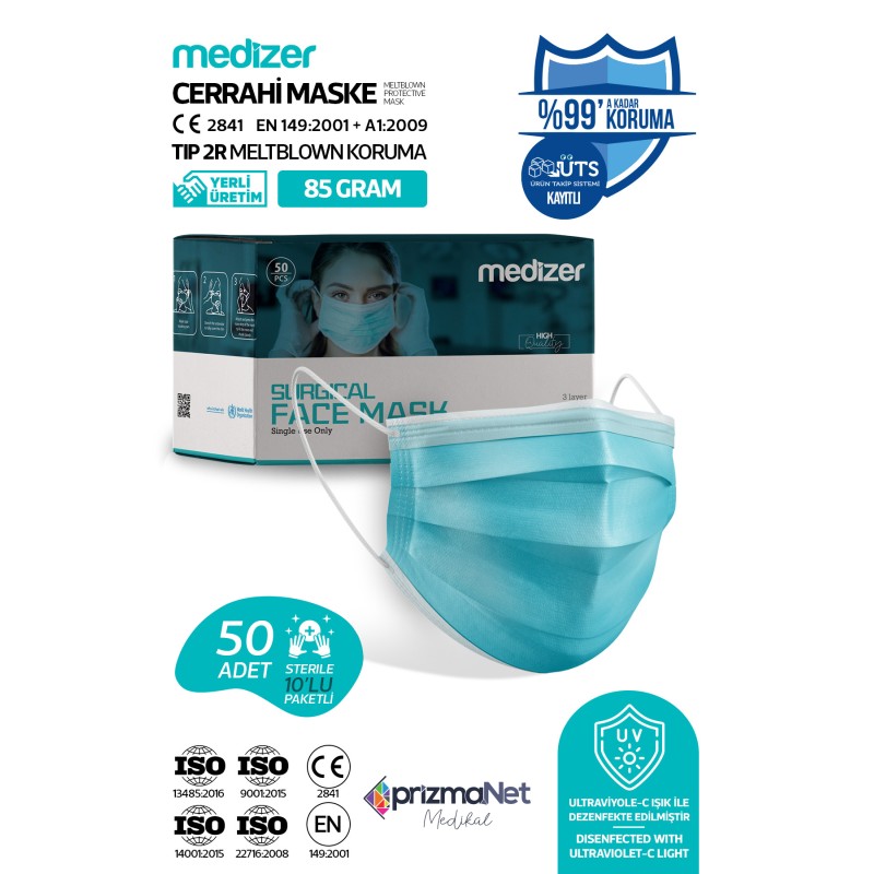 Medizer Meltblown Mavi Cerrahi Maske - 50 Adet 
