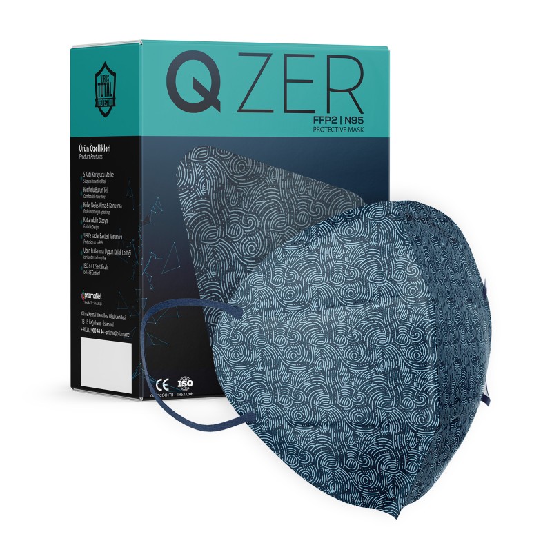 Qzer Lacivert Dalga Desenli FFP2 N95 Maske - 40 Adet
