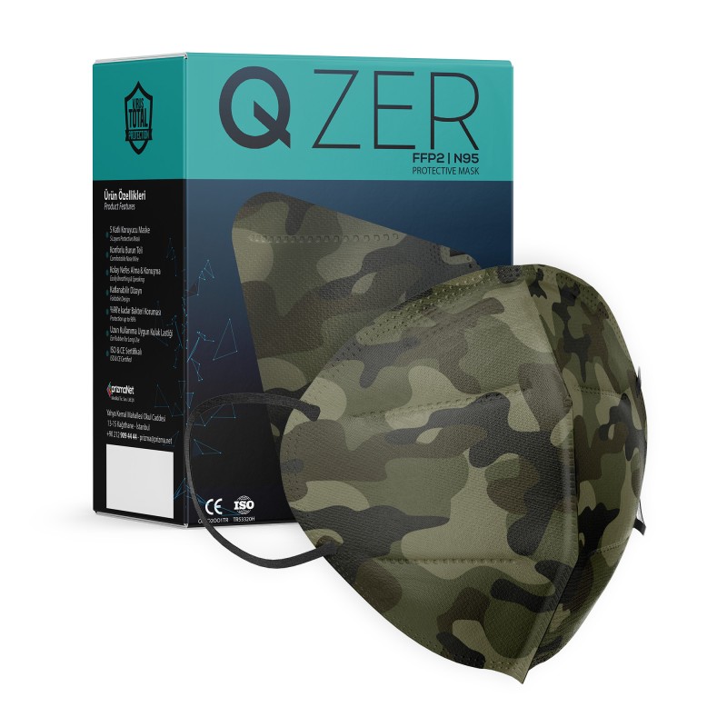 Qzer Yeşil Kamuflaj Desenli FFP2 N95 Maske 20 Adet