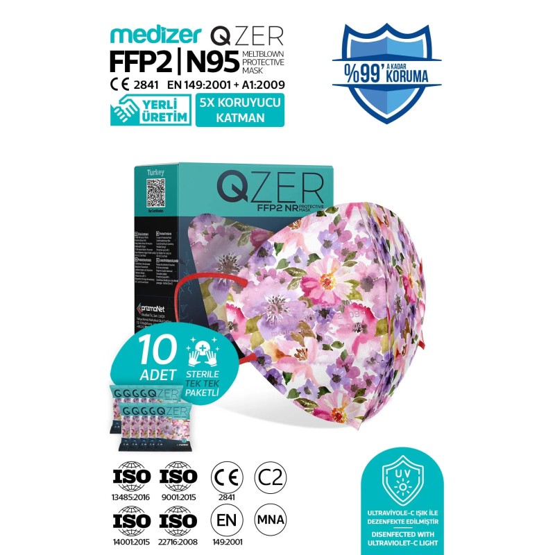 Qzer April Desenli 5 Katmanlı FFP2 N95 Maske 10 Adet