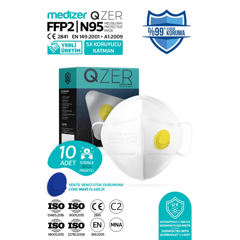 Qzer Beyaz 5 Katlı Ventilli FFP2 N95 Maske 10 Adet