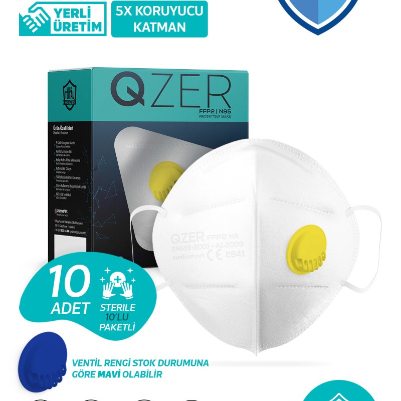 Qzer Beyaz 5 Katlı Ventilli FFP2 N95 Maske 10 Adet