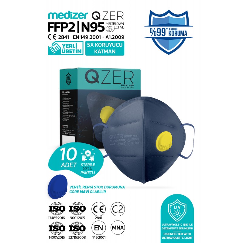 Qzer Lacivert 5 Katlı Ventilli FFP2 N95 Maske 10 Adet
