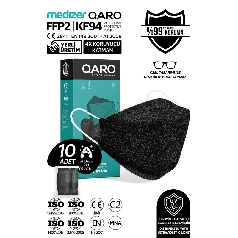 Medizer Qaro Siyah Yüzler Desenli 4 Katlı Kore Tipi KF94 FFP2 Maske 10 Adet