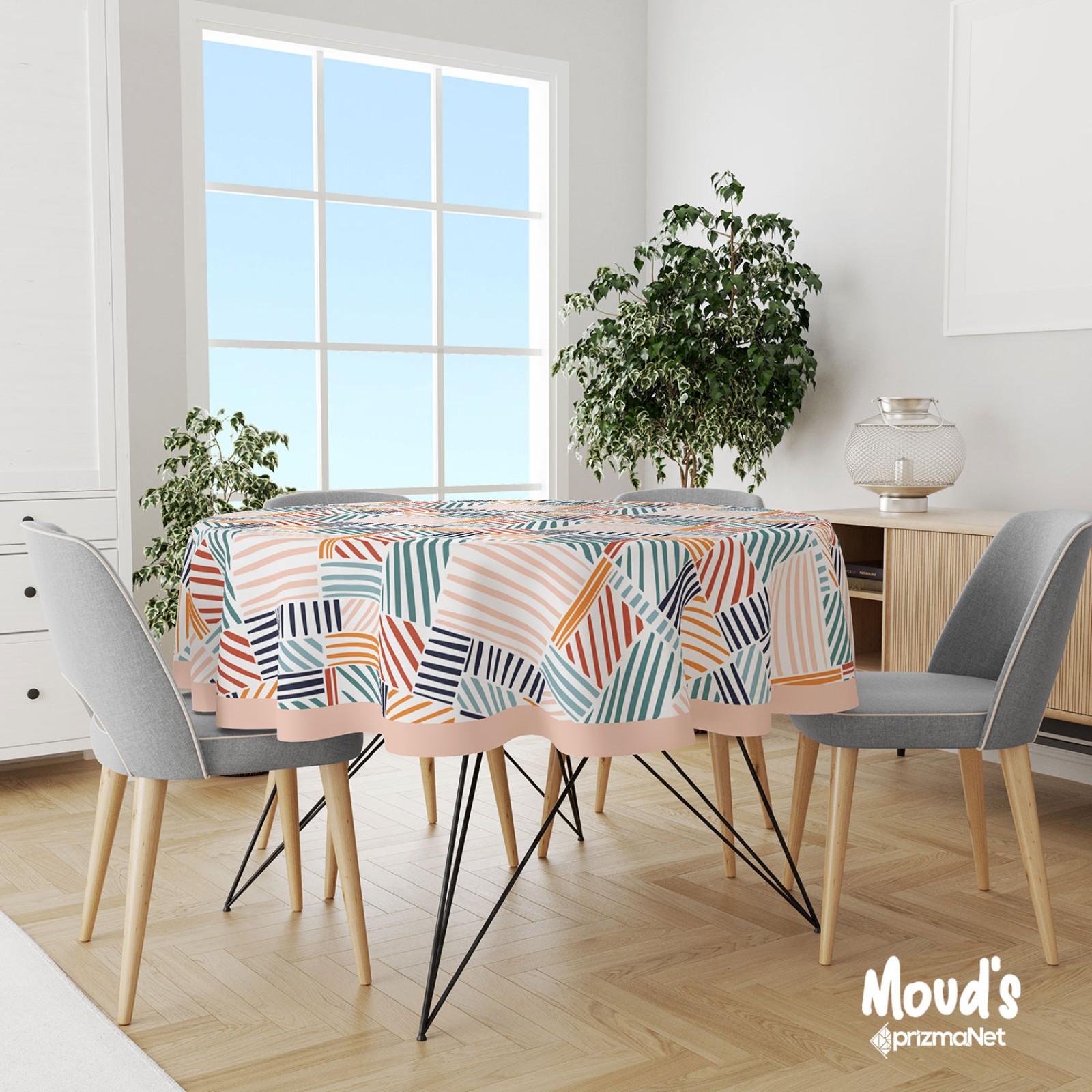 https://www.sabomar.com/Mouds Colored Striped Square Patterned Round Suede Carefree Table Cloth