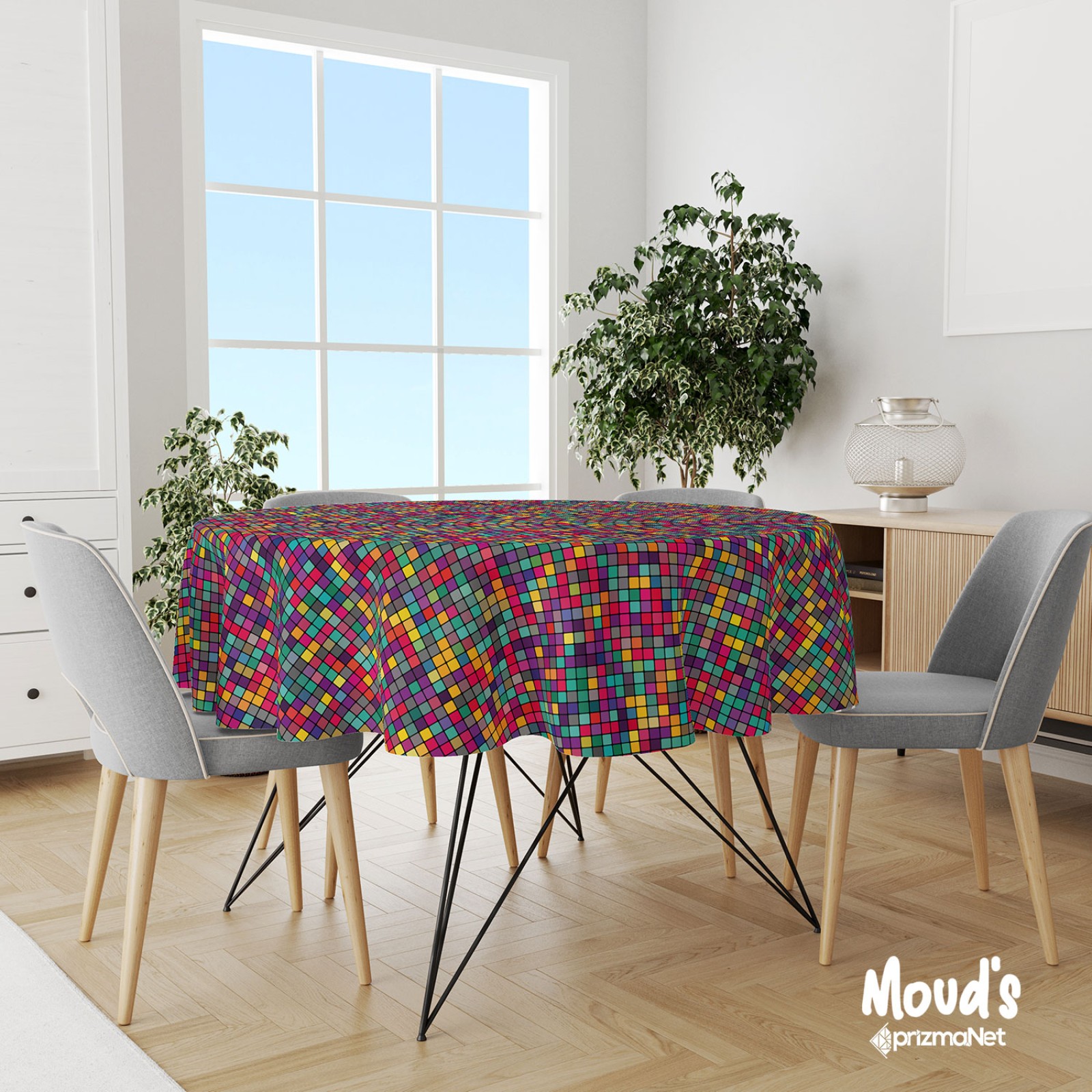 https://www.sabomar.com/Mouds Colored Squares Patterned Round Suede Carefree Table Cloth