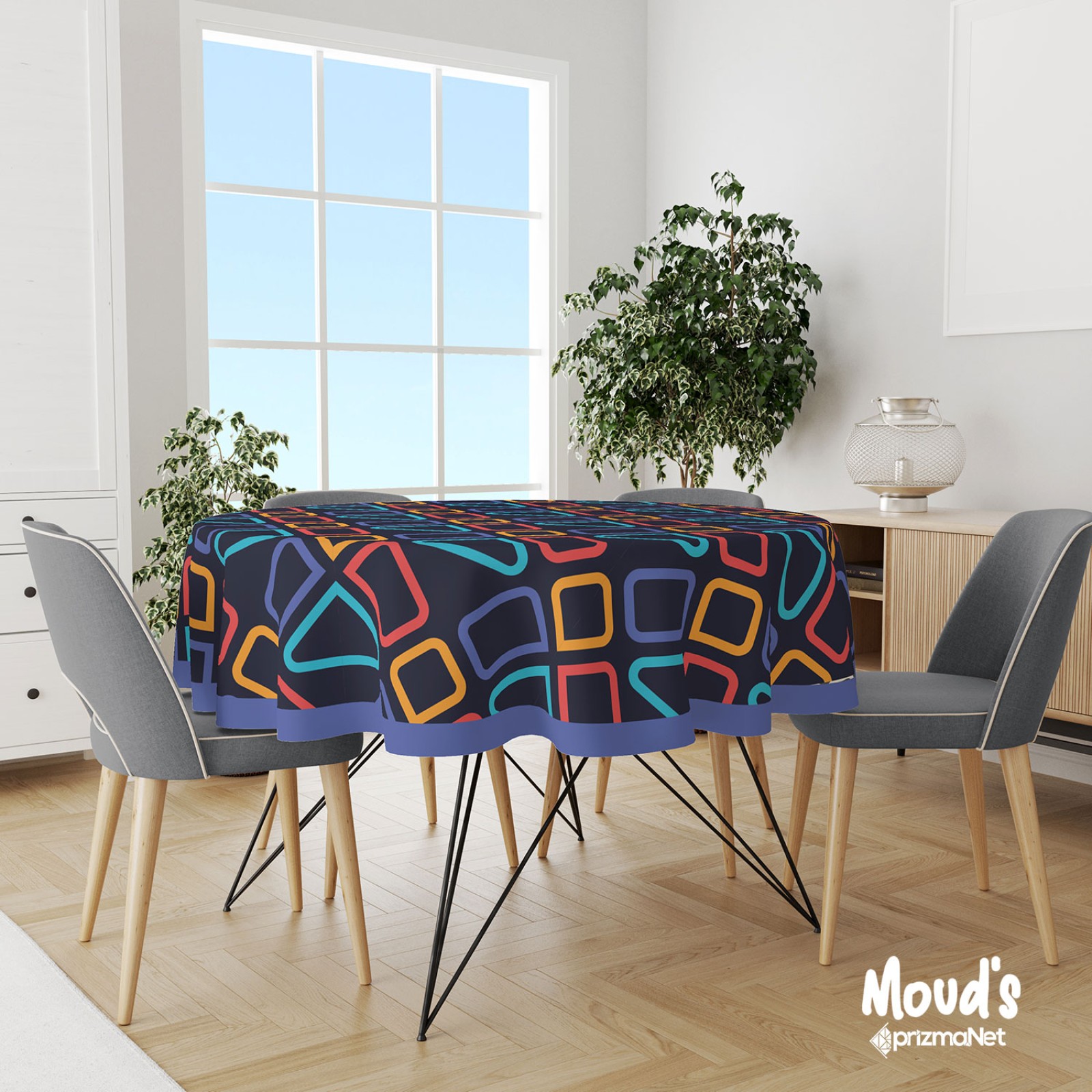 https://www.sabomar.com/Mouds Dark Blue Colored Squares Patterned Round Suede Carefree Table Cloth